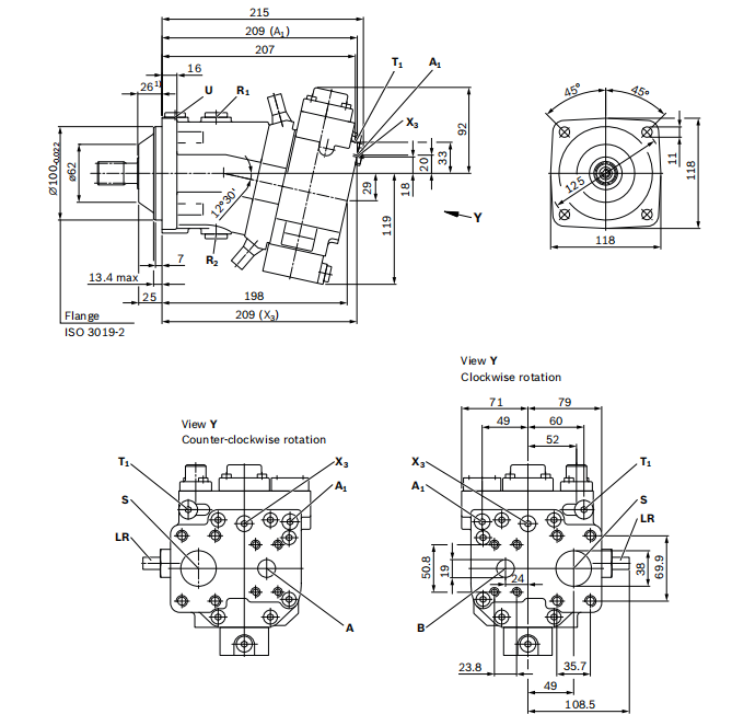 A7VO28,A7VO55,A7VO80,A7VO107,A7VO160 piston pump dimensional drawings, only the dimensions of some models are shown below, please contact us if you need other sizes.